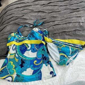 Trina Turk white turquoise bue tankini sz 10/12